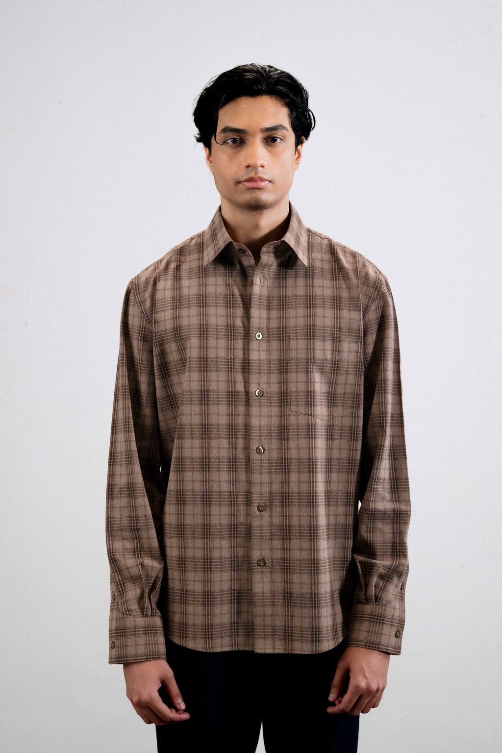 Brushed Cotton Plaid Shirt — Brown